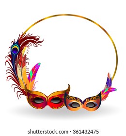 Golden frame with two carnival masks and colorful feathers.