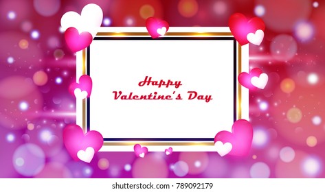 Golden frame Valentines day with colorful hearts background. Wallpaper, flyer, invitation, brochure, banners, vector illustration, eps10