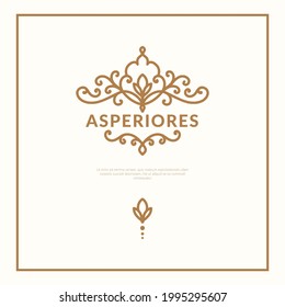 Marco dorado con ornamento vectorial sobre un fondo beige. Elementos elegantes y clásicos. Se puede usar para la joyería, la belleza y la industria de la moda. Ideal para el logotipo, el emblema o cualquier idea deseada.