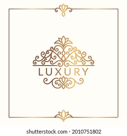 Golden frame with vector ornament on a white background. Elegant, classic elements. Can be used for jewelry, beauty and fashion industry. Great for logo, emblem, or any desired idea.
