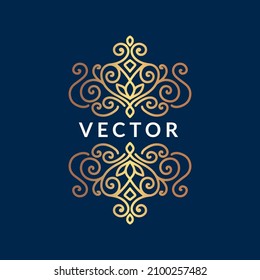 Golden frame with vector ornament on a black background. Elegant, classic elements. Can be used for jewelry, beauty and fashion industry. Great for logo, emblem, or any desired idea.