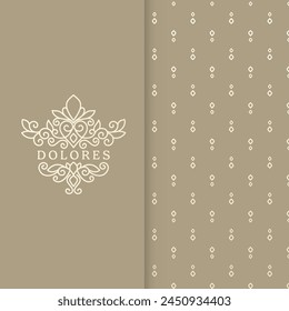 Golden frame with vector ornament on a beige background. Elegant, classic elements. Can be used for jewelry, beauty and fashion industry. Great for logo, emblem, or any desired idea.