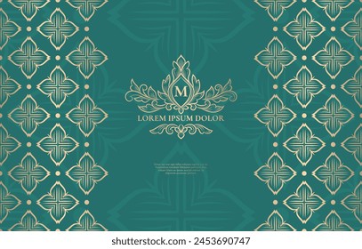 Golden frame with vector ornament on a green background. Elegant, classic elements. Can be used for jewelry, beauty and fashion industry. Great for logo, emblem, or any desired idea.