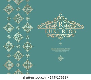 Marco dorado con adorno de Vector sobre un fondo verde. Elementos elegantes y clásicos. Puede ser utilizado para la joyería, la belleza y la industria de la moda. Ideal para el logotipo, emblema, o cualquier idea deseada.