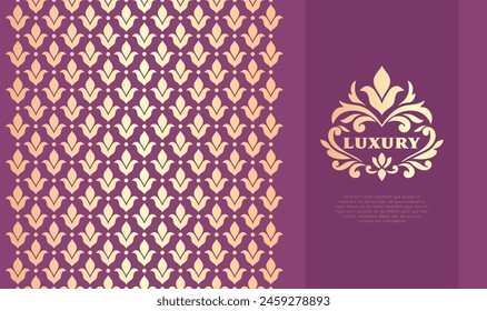 Marco dorado con adorno de Vector sobre fondo morado. Elementos elegantes y clásicos. Puede ser utilizado para la joyería, la belleza y la industria de la moda. Ideal para el logotipo, emblema, o cualquier idea deseada.