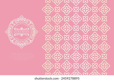 Golden frame with vector ornament on a pink background. Elegant, classic elements. Can be used for jewelry, beauty and fashion industry. Great for logo, emblem, or any desired idea.