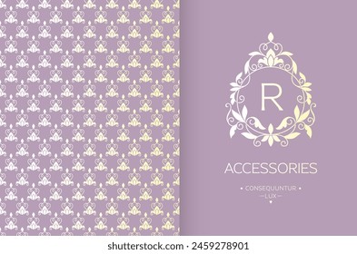 Marco dorado con adorno de Vector sobre un fondo de lavanda. Elementos elegantes y clásicos. Puede ser utilizado para la joyería, la belleza y la industria de la moda. Ideal para el logotipo, emblema, o cualquier idea deseada.