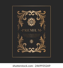 Golden frame with vector ornament on a black background. Elegant, classic elements. Can be used for jewelry, beauty and fashion industry. Great for logo, emblem, or any desired idea.