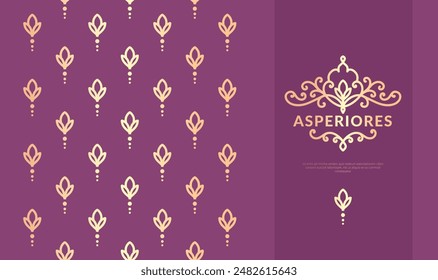 Marco dorado con adorno de Vector sobre fondo morado. Elementos elegantes y clásicos. Puede ser utilizado para la joyería, la belleza y la industria de la moda. Ideal para el logotipo, emblema, o cualquier idea deseada.