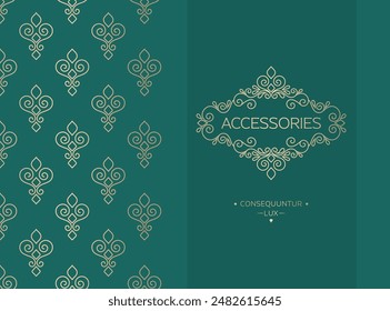 Golden frame with vector ornament on a green background. Elegant, classic elements. Can be used for jewelry, beauty and fashion industry. Great for logo, emblem, or any desired idea.