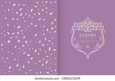 Golden frame with vector ornament on a purple background. Elegant, classic elements. Can be used for jewelry, beauty and fashion industry. Great for logo, emblem, or any desired idea.