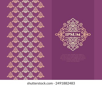 Golden frame with vector ornament on a purple background. Elegant, classic elements. Can be used for jewelry, beauty and fashion industry. Great for logo, emblem, or any desired idea.