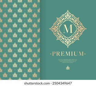 Marco dorado con adorno de Vector sobre un fondo verde. Elementos elegantes y clásicos. Se puede utilizar para la industria de la joyería, la belleza y la moda. Ideal para el logotipo, emblema o cualquier idea deseada.
