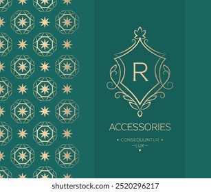 Golden frame with vector ornament on a green background. Elegant, classic elements. Can be used for jewelry, beauty and fashion industry. Great for logo, emblem, or any desired idea.