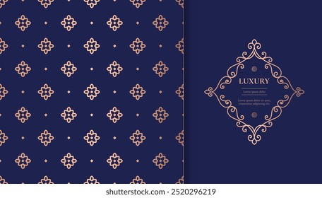 Quadro dourado com ornamento de vetor em um plano de fundo azul escuro. Elementos elegantes e clássicos. Pode ser usado para joias, beleza e indústria da moda. Ótimo para logotipo, emblema ou qualquer ideia desejada.