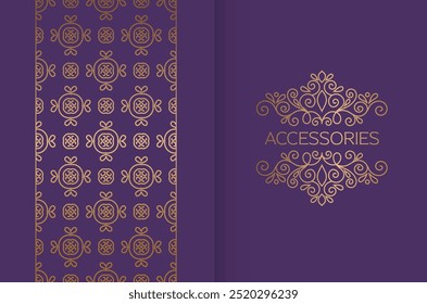 Quadro dourado com ornamento de vetor em um fundo roxo. Elementos elegantes e clássicos. Pode ser usado para joias, beleza e indústria da moda. Ótimo para logotipo, emblema ou qualquer ideia desejada.