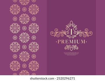 Golden frame with vector ornament on a purple background. Elegant, classic elements. Can be used for jewelry, beauty and fashion industry. Great for logo, emblem, or any desired idea.