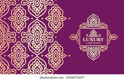 Golden frame with vector ornament on a purple background. Elegant, classic elements. Can be used for jewelry, beauty and fashion industry. Great for logo, emblem, or any desired idea.