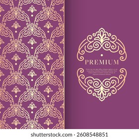Golden frame with vector ornament on a purple background. Elegant, classic elements. Can be used for jewelry, beauty and fashion industry. Great for logo, emblem, or any desired idea.