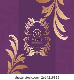 Golden frame with vector ornament on a purple background. Elegant, classic elements. Can be used for jewelry, beauty and fashion industry. Great for logo, emblem, or any desired idea.