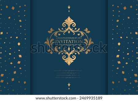 Golden frame with vector ornament on a blue background. Elegant, classic elements. Can be used for jewelry, beauty and fashion industry. Great for logo, emblem, or any desired idea.
