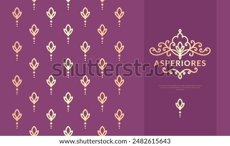 Golden frame with vector ornament on a purple background. Elegant, classic elements. Can be used for jewelry, beauty and fashion industry. Great for logo, emblem, or any desired idea.