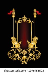 Golden frame with vintage​ Victorian metal elements, red flag and lion head on black background​