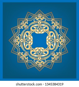 Golden frame with vintage baroque metal​ Leaves​  and​ diamonds on blue background 