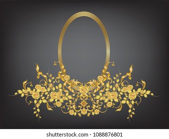 Golden frame with vintage baroque metal elements and gold roses on dark background. 