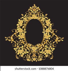 Golden frame with vintage baroque metal elements and gold roses on dark background. 