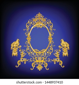 Golden frame with vintage Victorian​ metal Leaves​ and​ golden eagles on black and blue background 