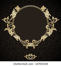 Golden frame with vintage ornament on dark seamless pattern