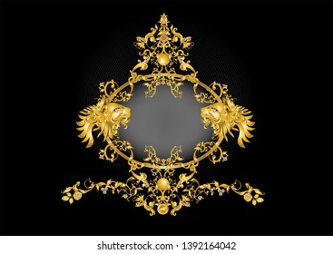 Golden frame with vintage Victorian metal Leaves​ and lion head on black background 