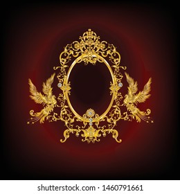 Golden frame with vintage Victorian metal elements and gold​ Phoenix on red background 