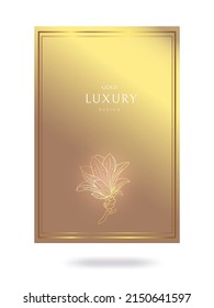 Marco dorado. Plantilla de tarjeta de bodas. Un diseño de embalaje brillante con un brote de magnolia floreciente dorado. Fondo abstracto con gradiente dorado. Opción de diseño de regalo con lugar para el texto. Vector