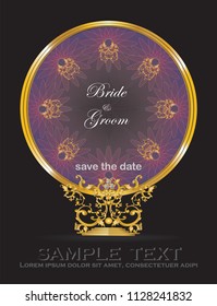Golden frame wedding invitation card decorated with baroque floral design and waving lines. 