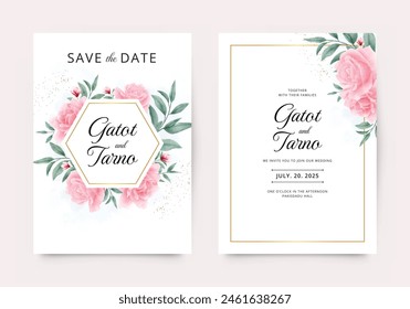 Golden frame wedding invitation template set with watercolor beautiful rose flower