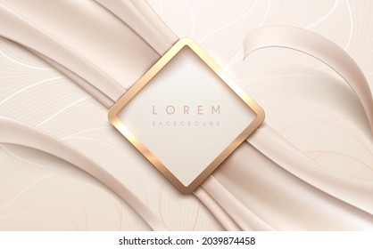 Golden frame with white silk ribbons background