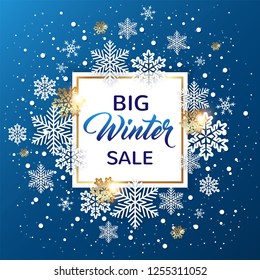 Golden frame with white snowflakes on a blue background. Design for winter seasonal Christmas sale. Vector illustration.