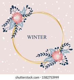 Golden frame with winter flowers. - Vector.
