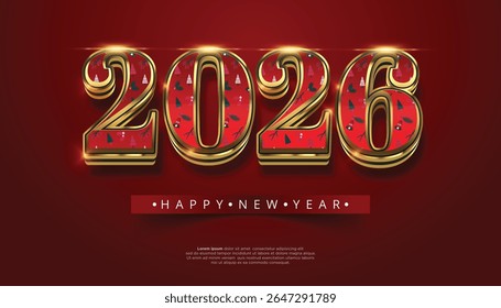 Golden framed 2026 numbers with festive pattern on red background Happy New Year text