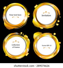 Golden frames. Abstract vector gold borders. Brush paint gold splashes. Set of round shapes. El dorado concept. Design element. 