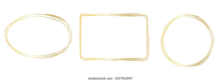 Golden frames. Geometrical frames.Simple abstract golden frames.Set of gold frames collection.Hand drawn gold circle and square.Wedding invitation elements.