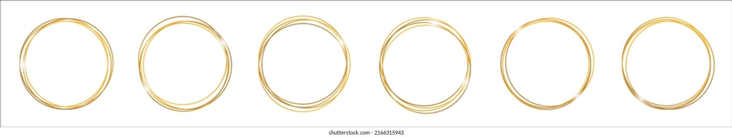 Golden frames. Gold round circle frames, rings. Golden borders design on transparent background. Circular luxury abstract lines with glitter light for christmas. Vector. Logo with metal effect.