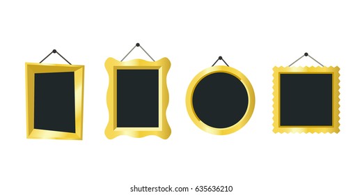 Golden frames hanging on the wall. Vector simple illustration of different picture frames.