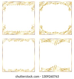 Golden frames isolated on white background. Baroque style vintage objects. Collection of antique picture frames