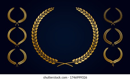 Сollection of golden frames from laurel branches with foliage. Vector illustration.