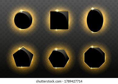 Golden frames and luxurious figures with light effects on black background and geometric figures. Vector illustration