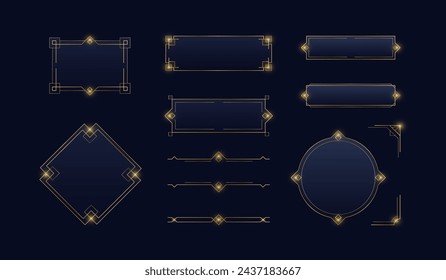 Golden frames in medieval style. Vector icon set of art deco buttons, ui frames, metal game border. Decoration for logos, web design, print, banner, user interface. Game frame ranking clipart