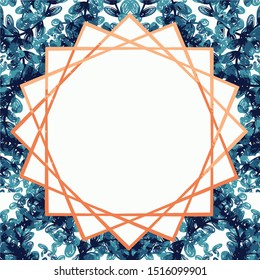 Golden frames on a background with blue flowers background. Sophisticated, modern and fresh template for invitations.